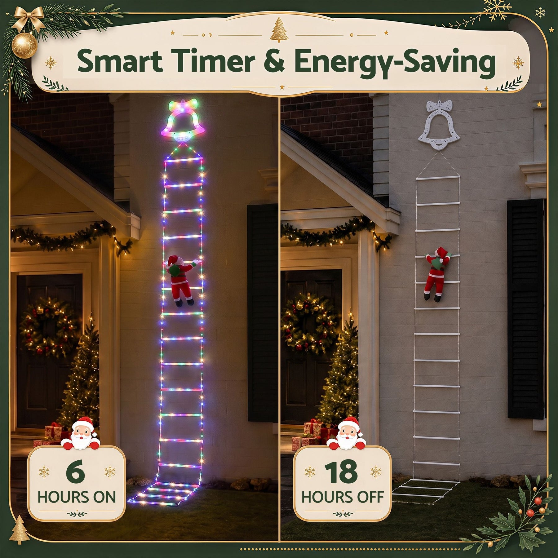 Jingle Jollys 3.5M Christmas Lights 300 LED Ladder Light with Santa Claus Decor - SportZone.co.nz