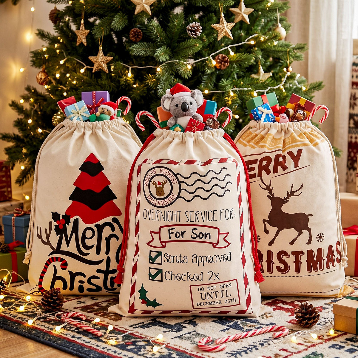 Jingle Jollys 3PCS Christmas Santa Sacks Large Reusable Personalised Canvas Gift Storage Bags - SportZone.co.nz