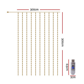 Jingle Jollys 3X3M Christmas Lights Curtain String Light 300 LED Warm White - SportZone.co.nz