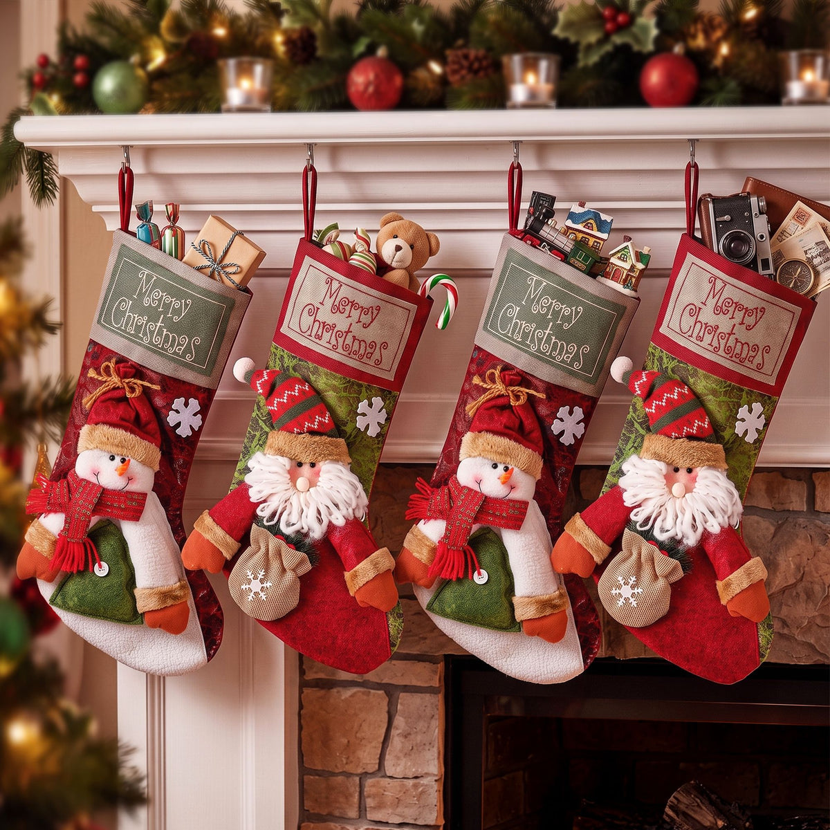 Jingle Jollys 4PCS Christmas Stockings Large 3D Plush Santa Snowman 43.5cm Christmas Decor for Family Holiday Christmas Party Decorations - SportZone.co.nz