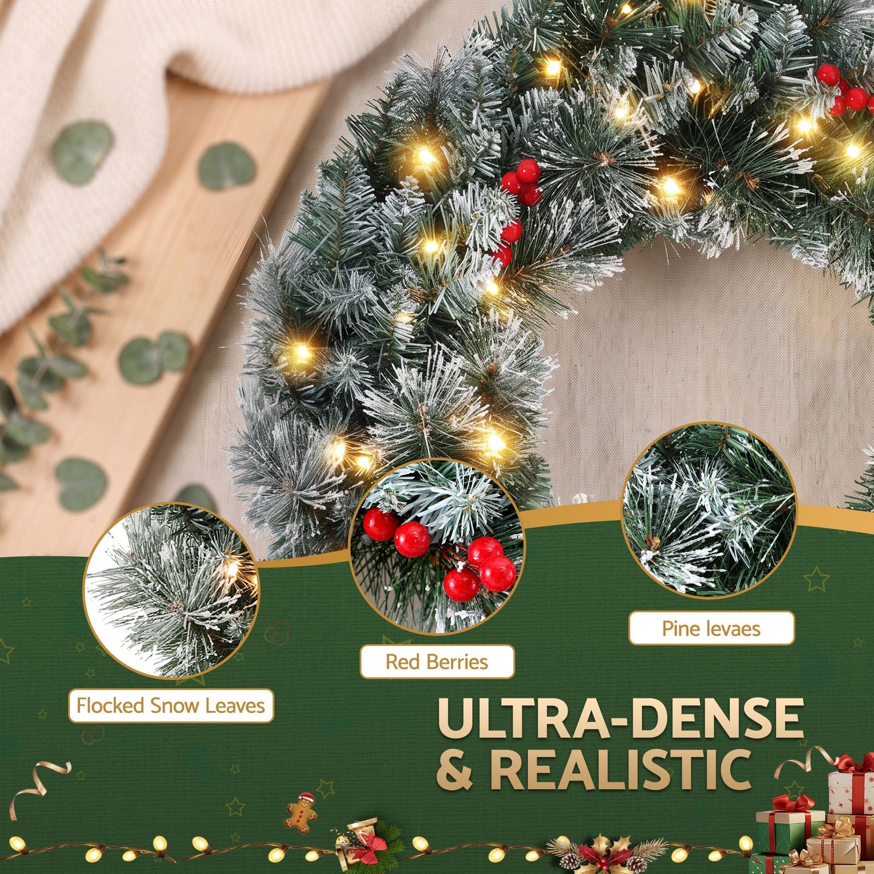 Jingle Jollys 60cm Christmas Wreath LED Lights Snowy Berries Garland Party Decor - SportZone.co.nz