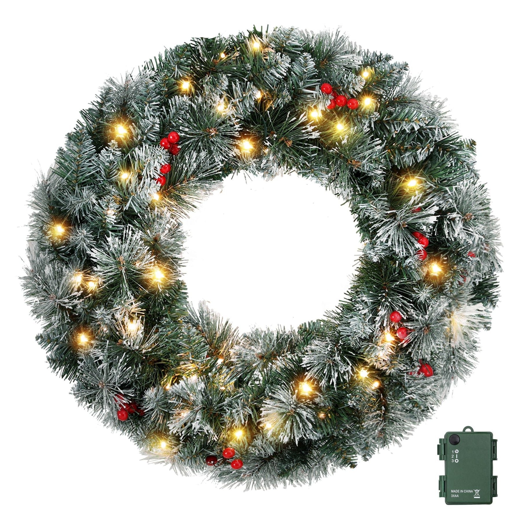 Jingle Jollys 60cm Christmas Wreath LED Lights Snowy Berries Garland Party Decor - SportZone.co.nz