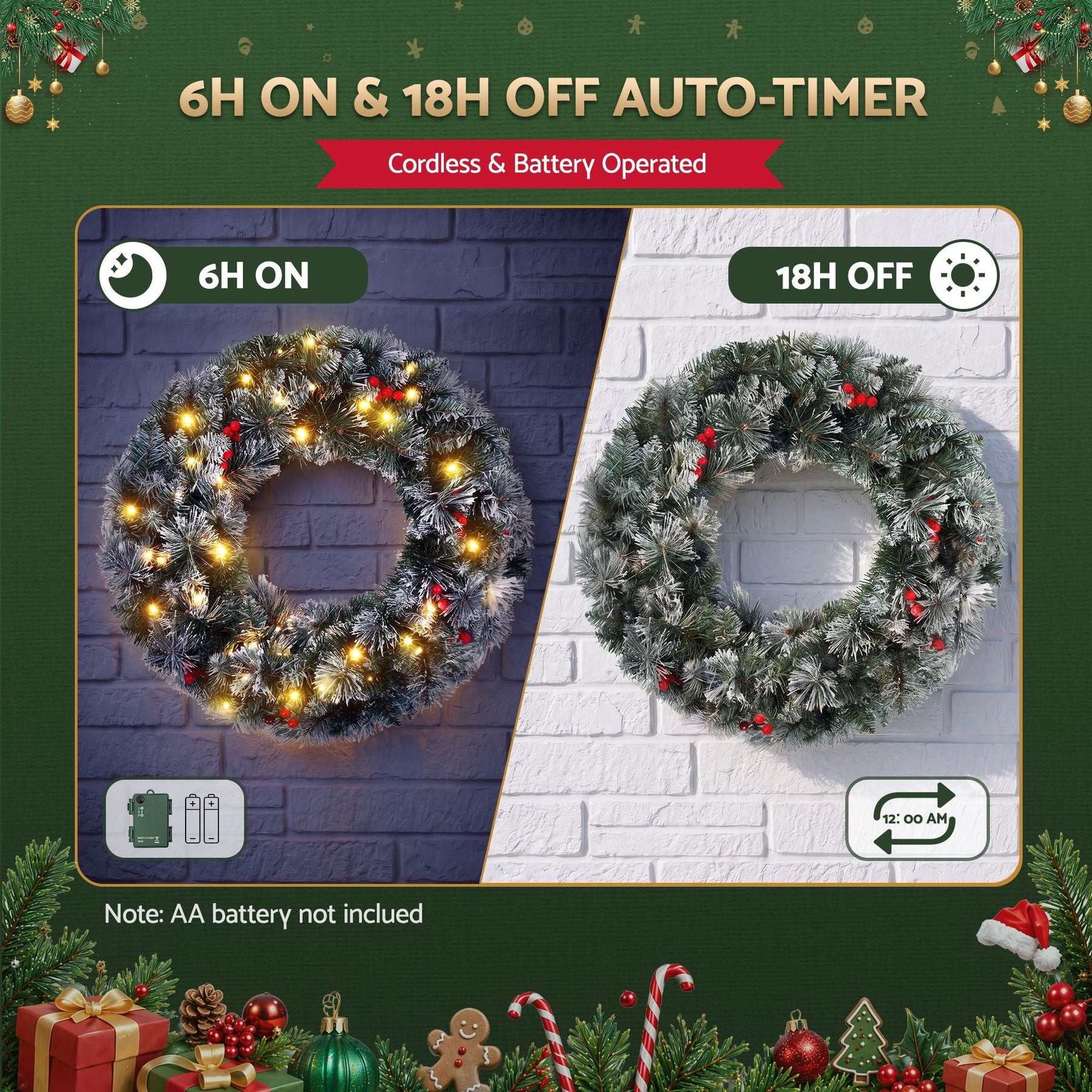 Jingle Jollys 60cm Christmas Wreath LED Lights Snowy Berries Garland Party Decor - SportZone.co.nz