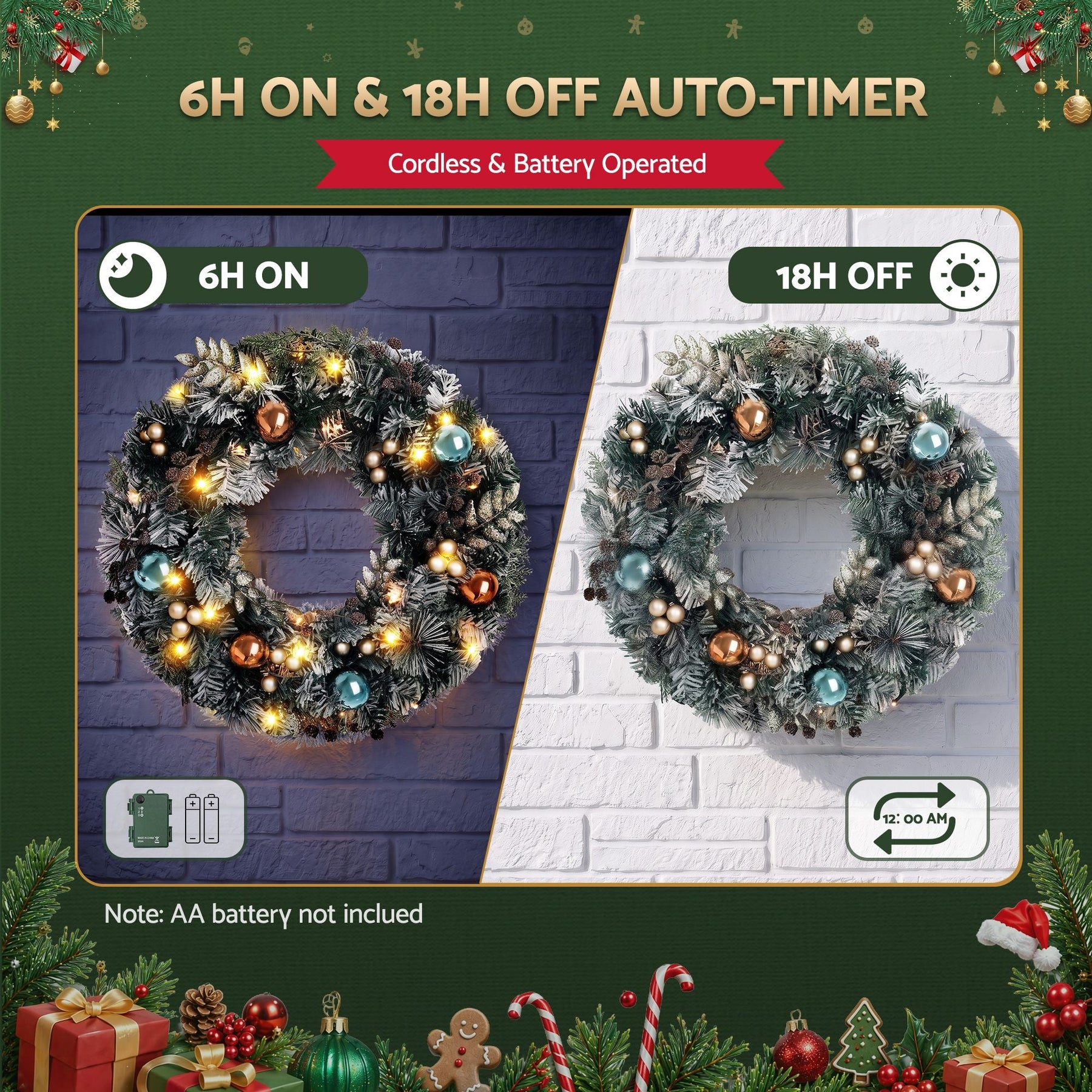 Jingle Jollys 60cm Christmas Wreath with LED Lights Snowy Garland Xmas Decor - SportZone.co.nz