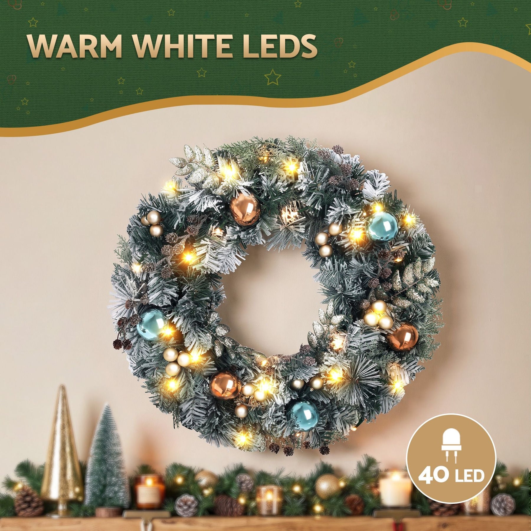 Jingle Jollys 60cm Christmas Wreath with LED Lights Snowy Garland Xmas Decor - SportZone.co.nz