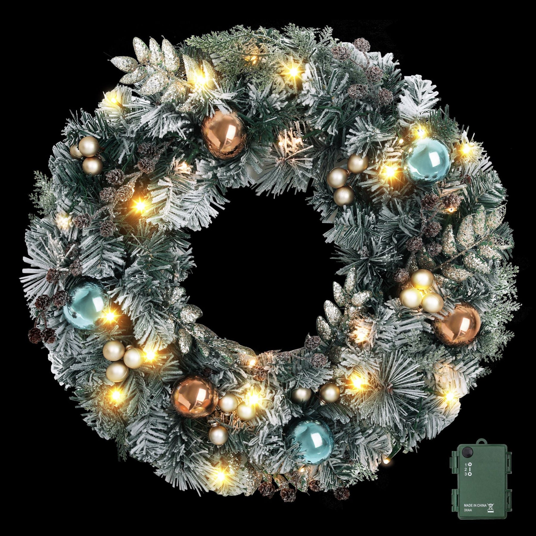 Jingle Jollys 60cm Christmas Wreath with LED Lights Snowy Garland Xmas Decor - SportZone.co.nz