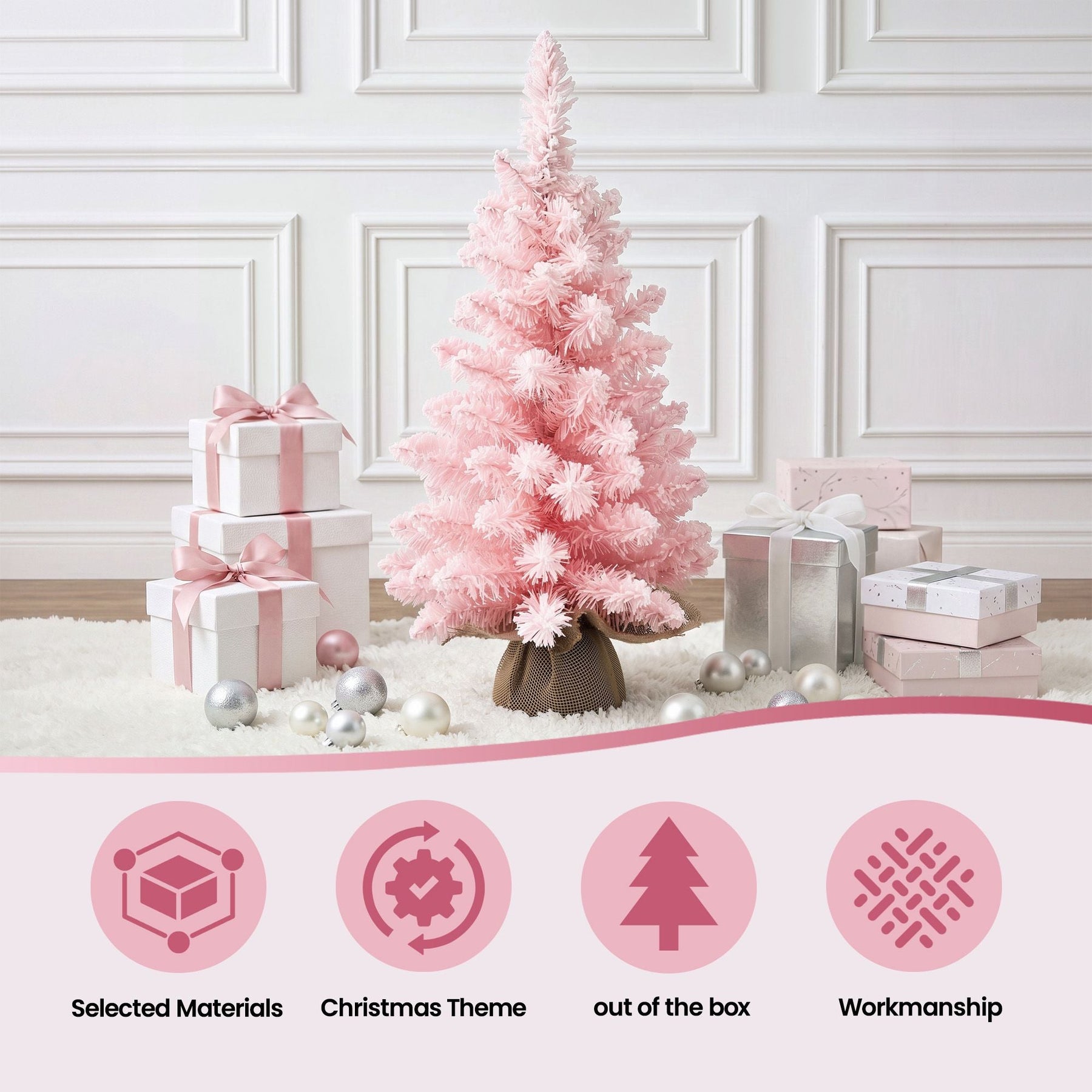 Jingle Jollys 60cm Flocked Pink Christmas Tree Mini Tabletop Xmas Tree - SportZone.co.nz