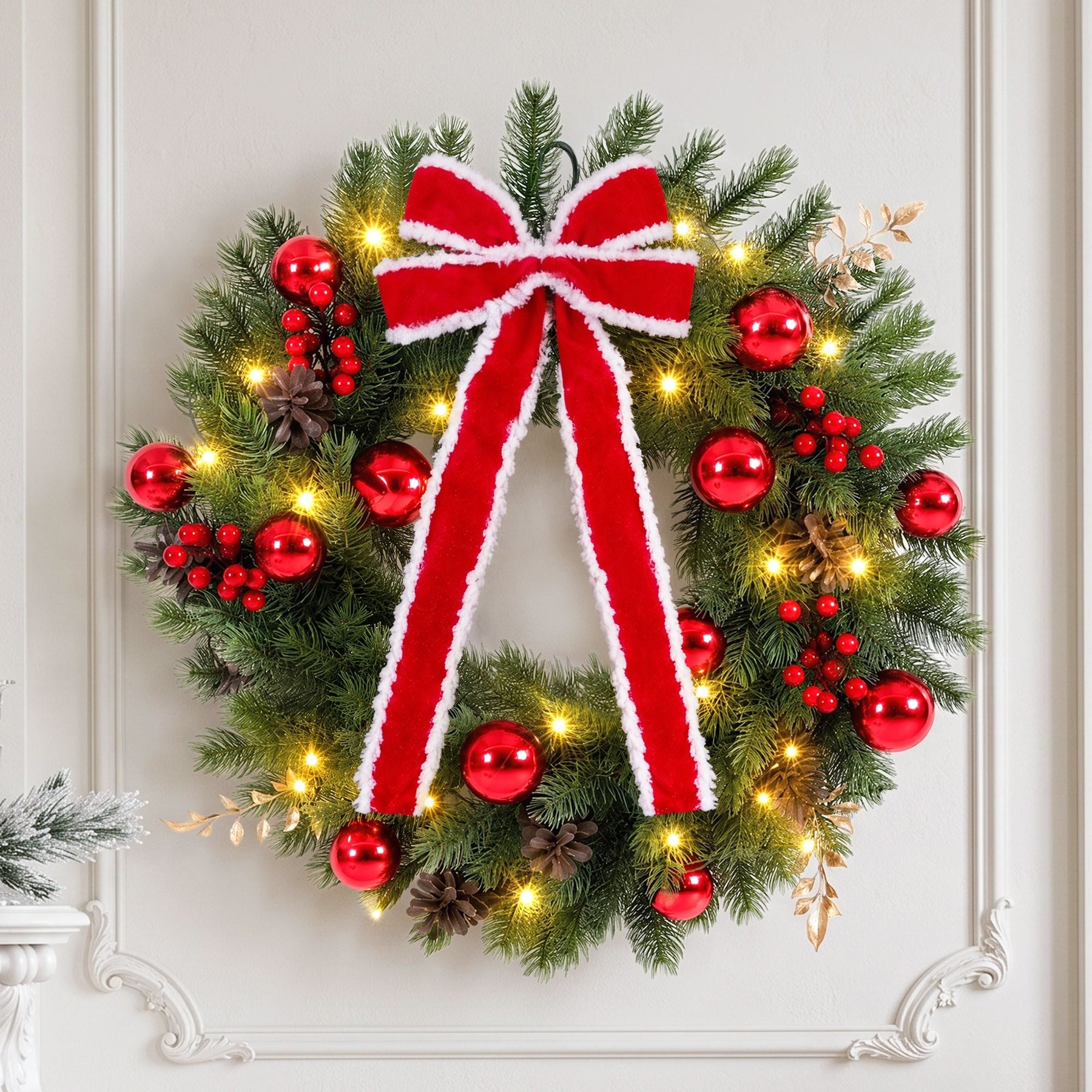 Jingle Jollys 60cm Pre-lit Christmas Wreath Garlands LED Light Front Door Decor Bow - SportZone.co.nz