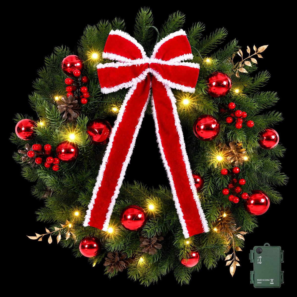 Jingle Jollys 60cm Pre-lit Christmas Wreath Garlands LED Light Front Door Decor Bow - SportZone.co.nz