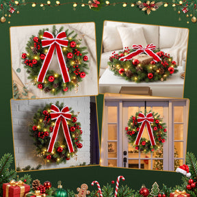 Jingle Jollys 60cm Pre-lit Christmas Wreath Garlands LED Light Front Door Decor Bow - SportZone.co.nz
