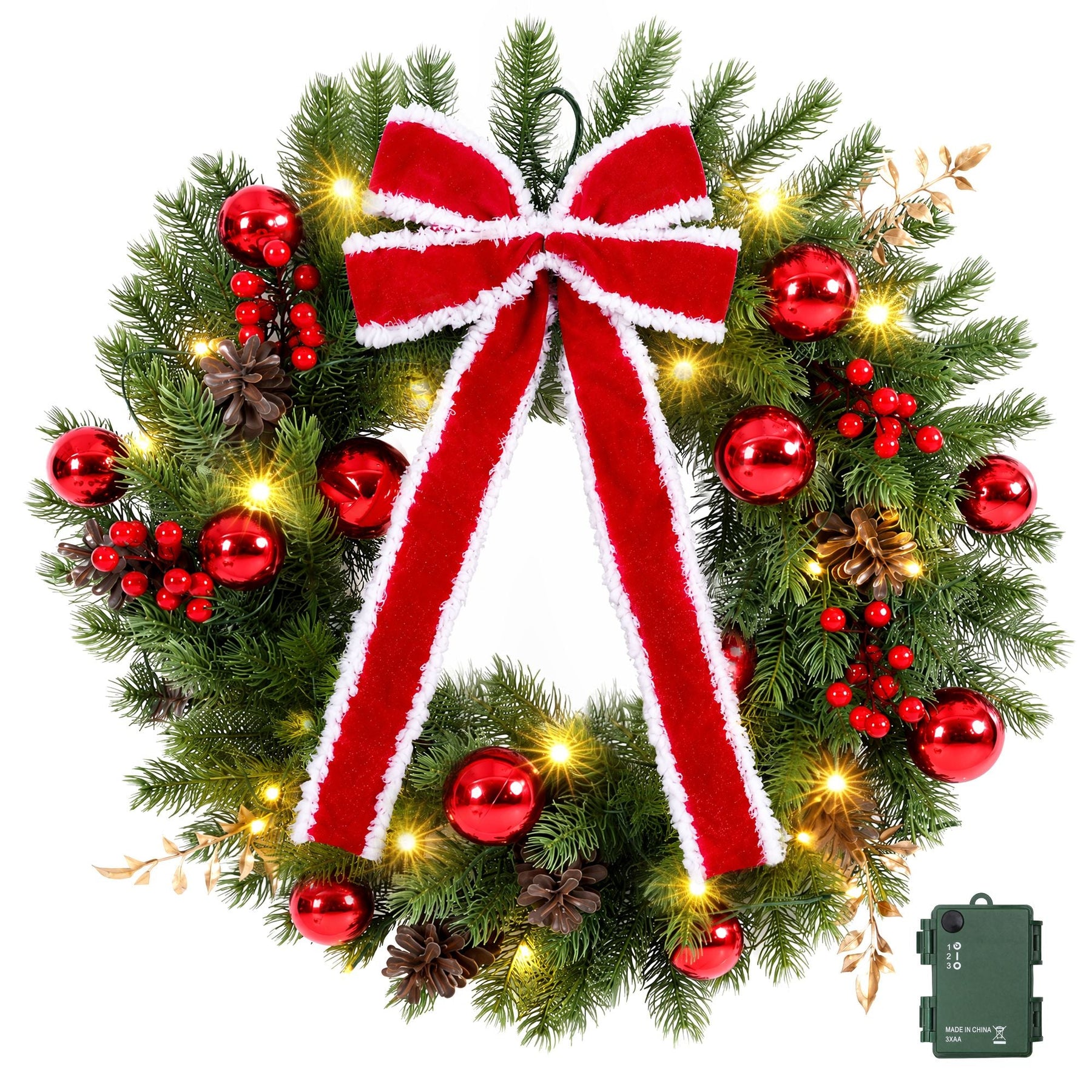 Jingle Jollys 60cm Pre-lit Christmas Wreath Garlands LED Light Front Door Decor Bow - SportZone.co.nz