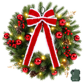 Jingle Jollys 60cm Pre-lit Christmas Wreath Garlands LED Light Front Door Decor Bow - SportZone.co.nz