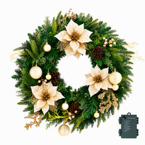 Jingle Jollys 60cm Pre-Lit Christmas Wreath LED Garlands Gold Flowers Pinecones Decor - SportZone.co.nz