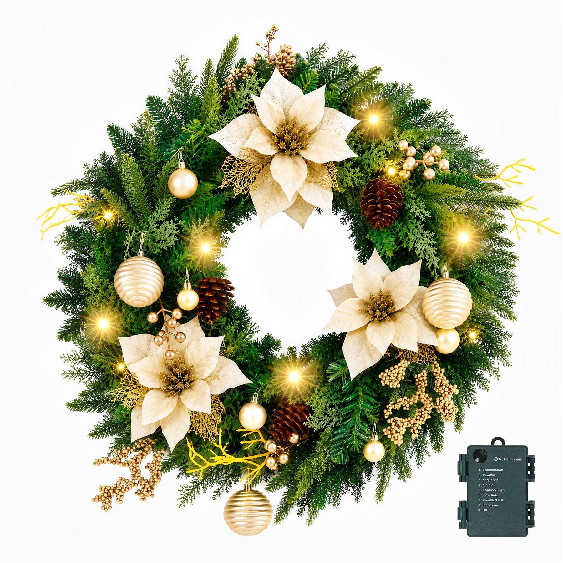 Jingle Jollys 60cm Pre-Lit Christmas Wreath LED Garlands Gold Flowers Pinecones Decor - SportZone.co.nz