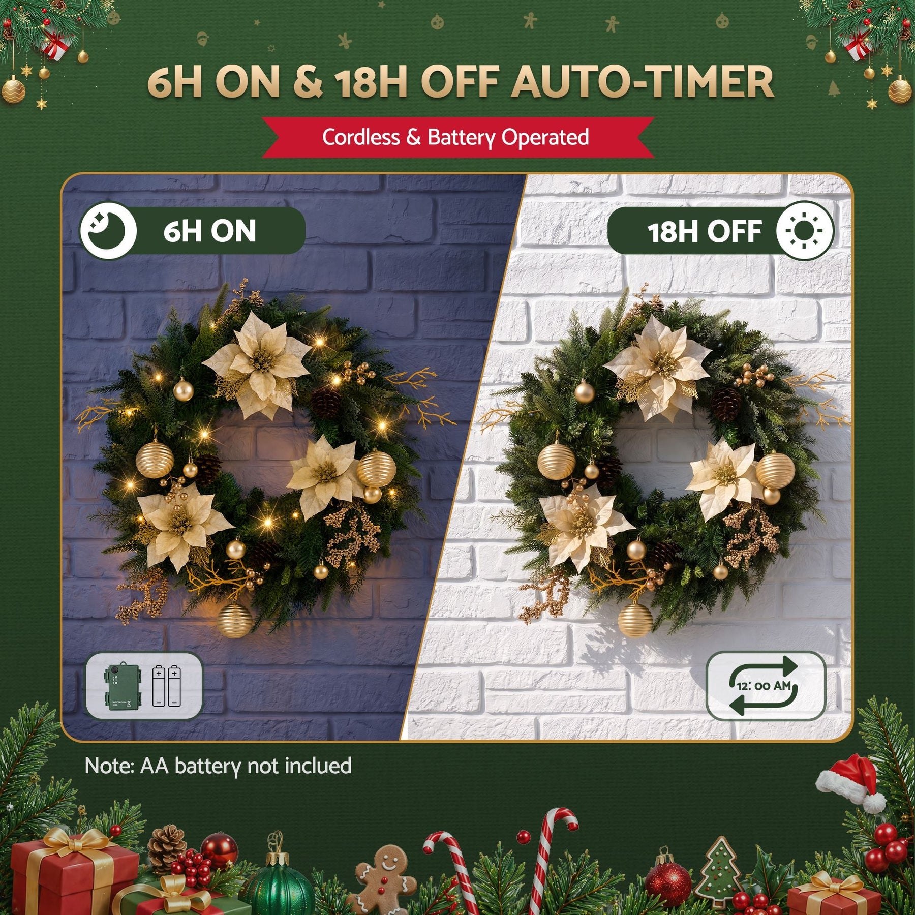 Jingle Jollys 60cm Pre-Lit Christmas Wreath LED Garlands Gold Flowers Pinecones Decor - SportZone.co.nz