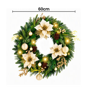 Jingle Jollys 60cm Pre-Lit Christmas Wreath LED Garlands Gold Flowers Pinecones Decor - SportZone.co.nz