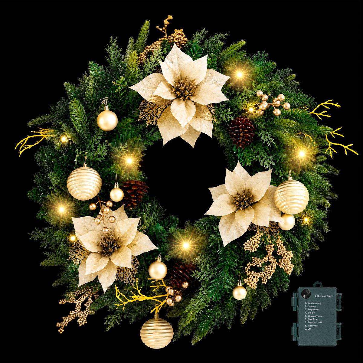 Jingle Jollys 60cm Pre-Lit Christmas Wreath LED Garlands Gold Flowers Pinecones Decor - SportZone.co.nz