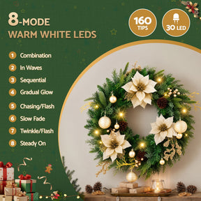 Jingle Jollys 60cm Pre-Lit Christmas Wreath LED Garlands Gold Flowers Pinecones Decor - SportZone.co.nz