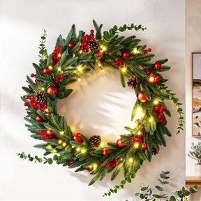 Jingle Jollys 60cm Pre-Lit Christmas Wreath LED Light Front Door Xmas Decor Garland - SportZone.co.nz