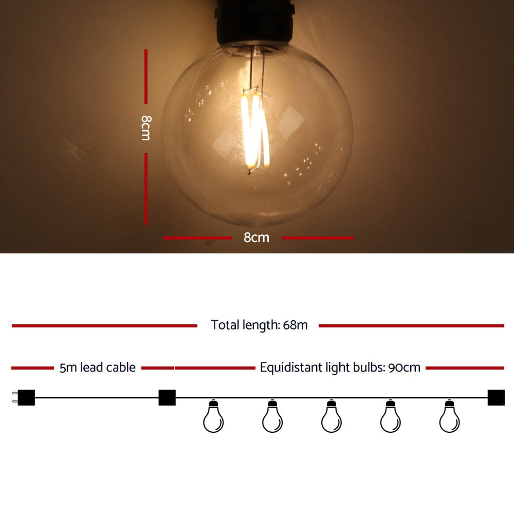 Jingle Jollys 68m LED Festoon Lights Sting Lighting Kits Wedding Outdoor Party - SportZone.co.nz