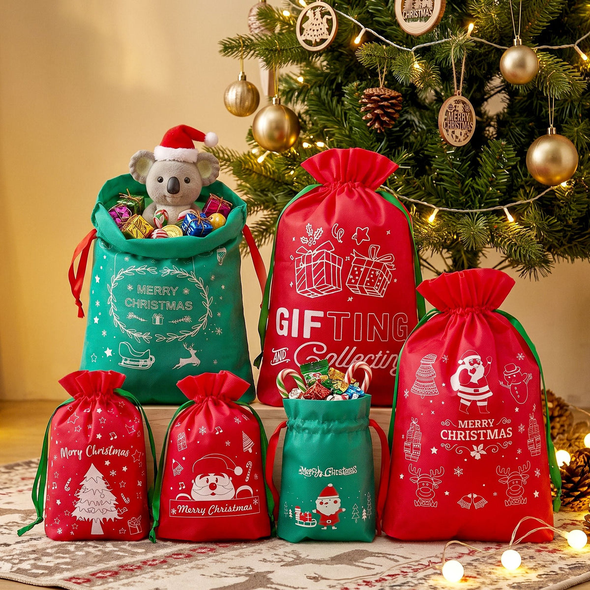 Jingle Jollys 6PCS Christmas Santa Sacks Drawstring Reusable Gift Storage Bags 2 Sizes - SportZone.co.nz