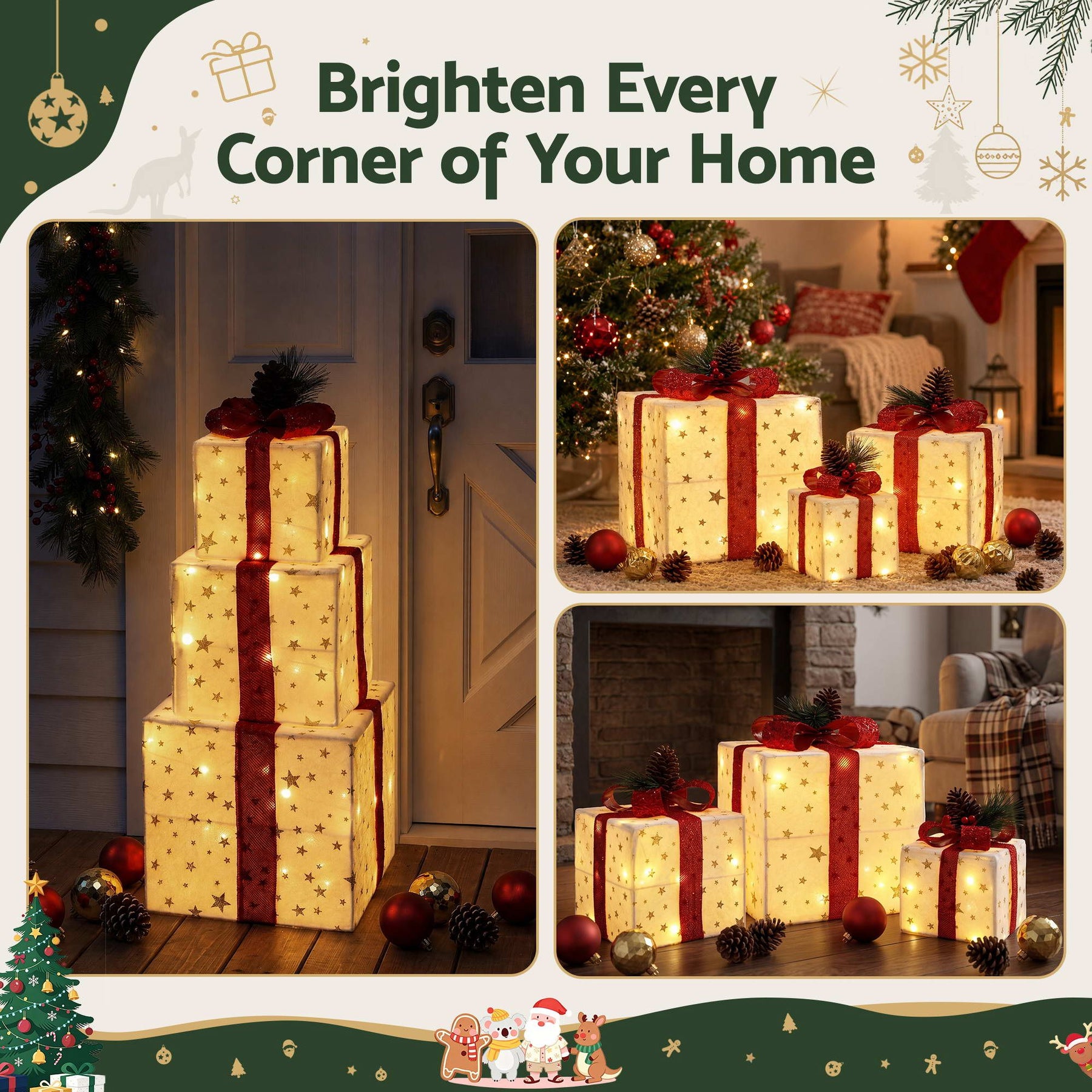 Jingle Jollys Christmas Decorations 3PC Lighted Gift Boxes Christmas Lights - SportZone.co.nz