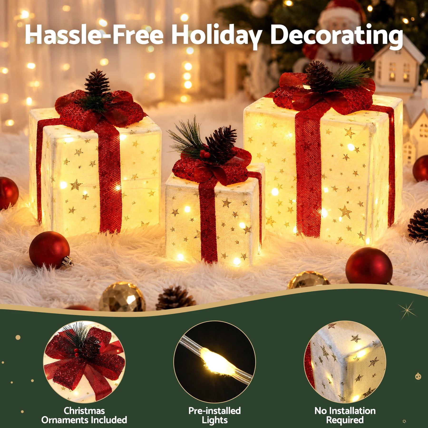 Jingle Jollys Christmas Decorations 3PC Lighted Gift Boxes Christmas Lights - SportZone.co.nz