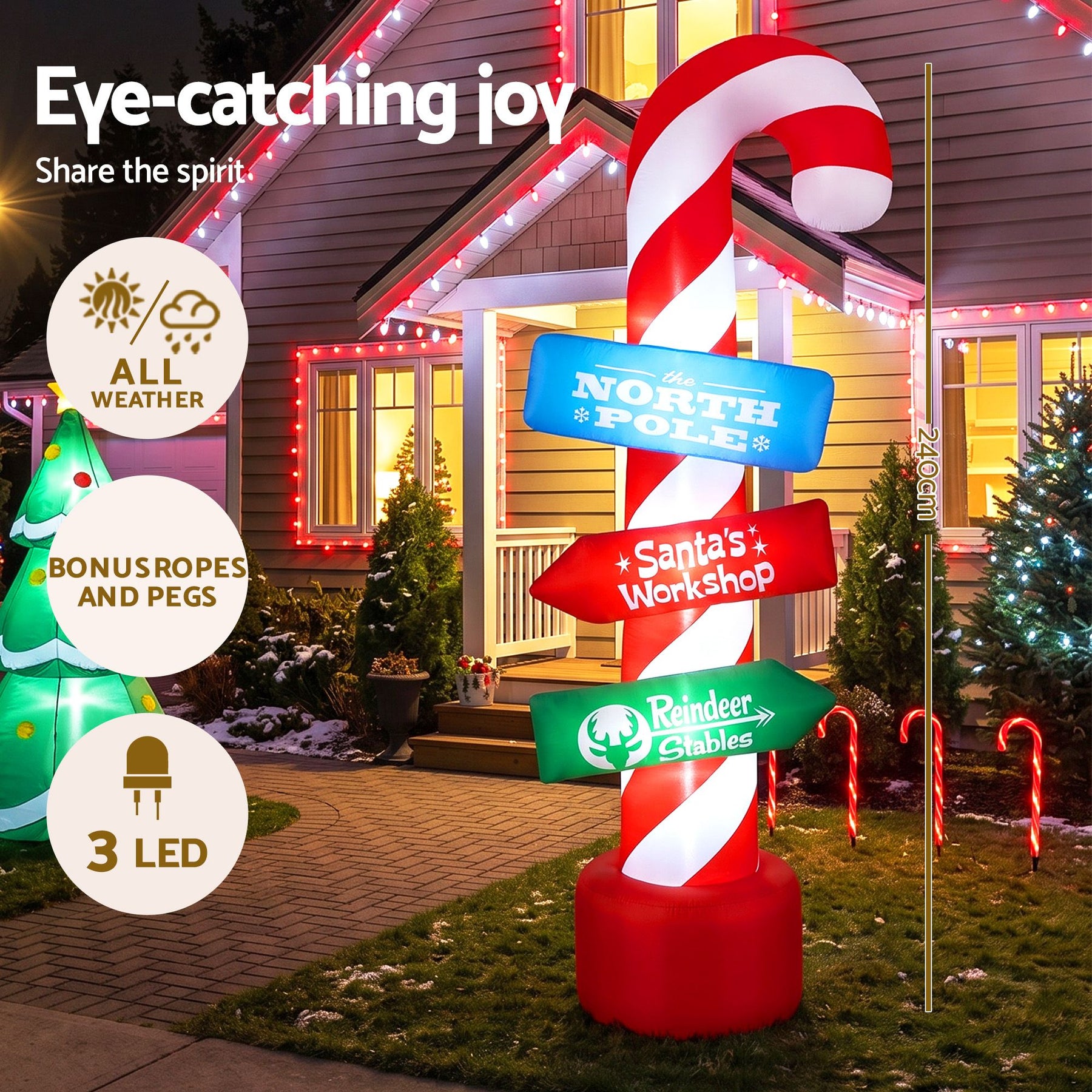 Jingle Jollys Christmas Inflatable Candy Pole 2.4M Illuminated Decorations - SportZone.co.nz