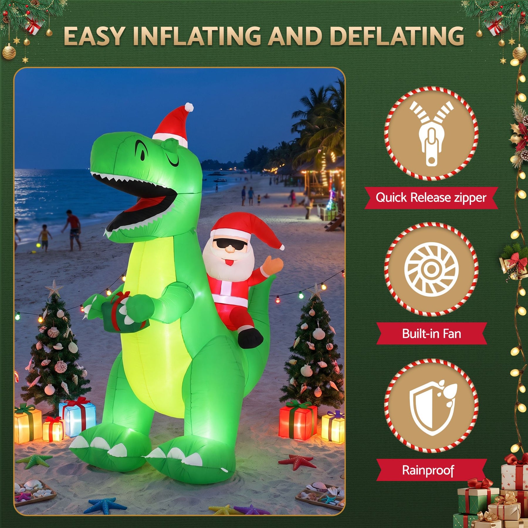 Jingle Jollys Christmas Inflatable Dinosaur 2.5M Illuminated Decorations - SportZone.co.nz