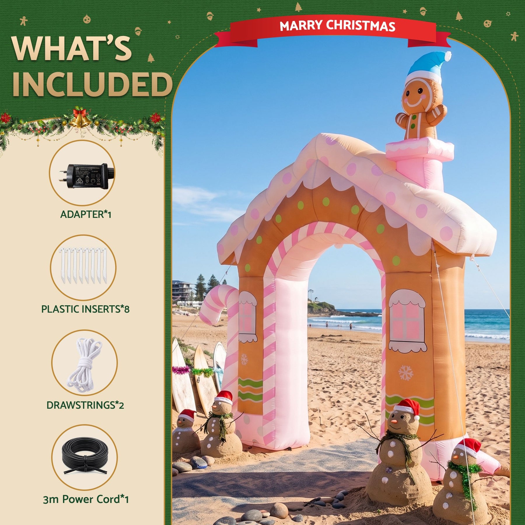 Jingle Jollys Christmas Inflatable Gingerbread Man Candy 3.2M Illuminated Decorations - SportZone.co.nz