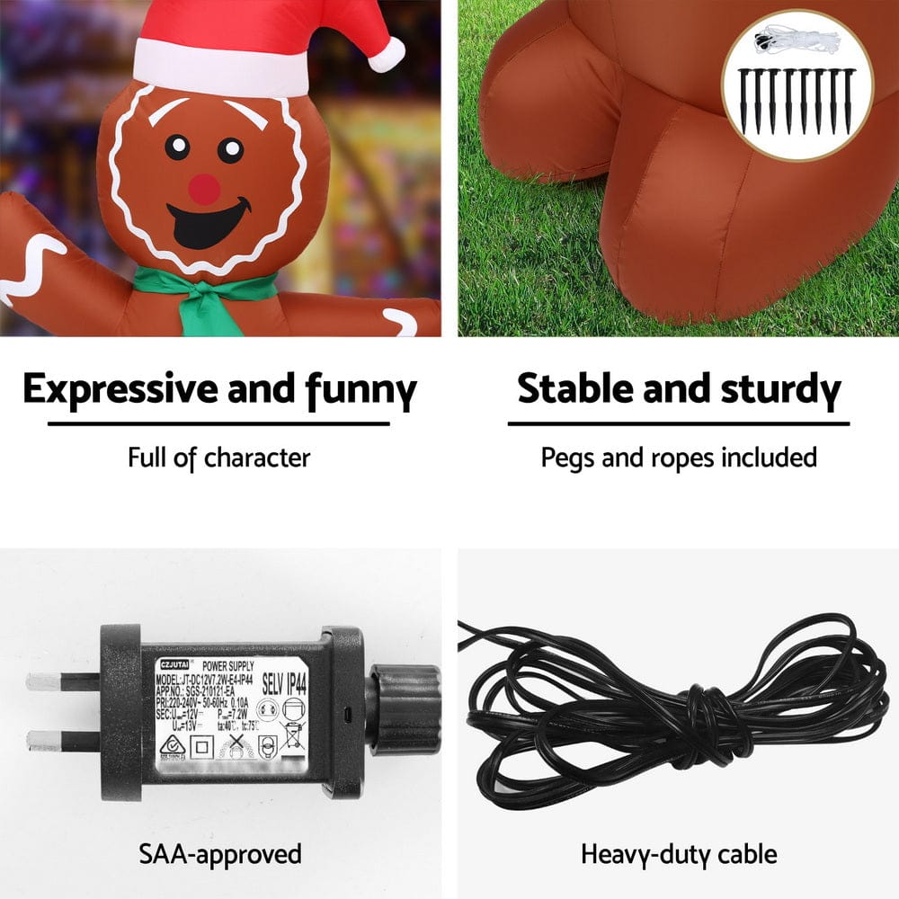 Jingle Jollys Christmas Inflatable Gingerbread Man Tree LED Illuminated Decorations - SportZone.co.nz