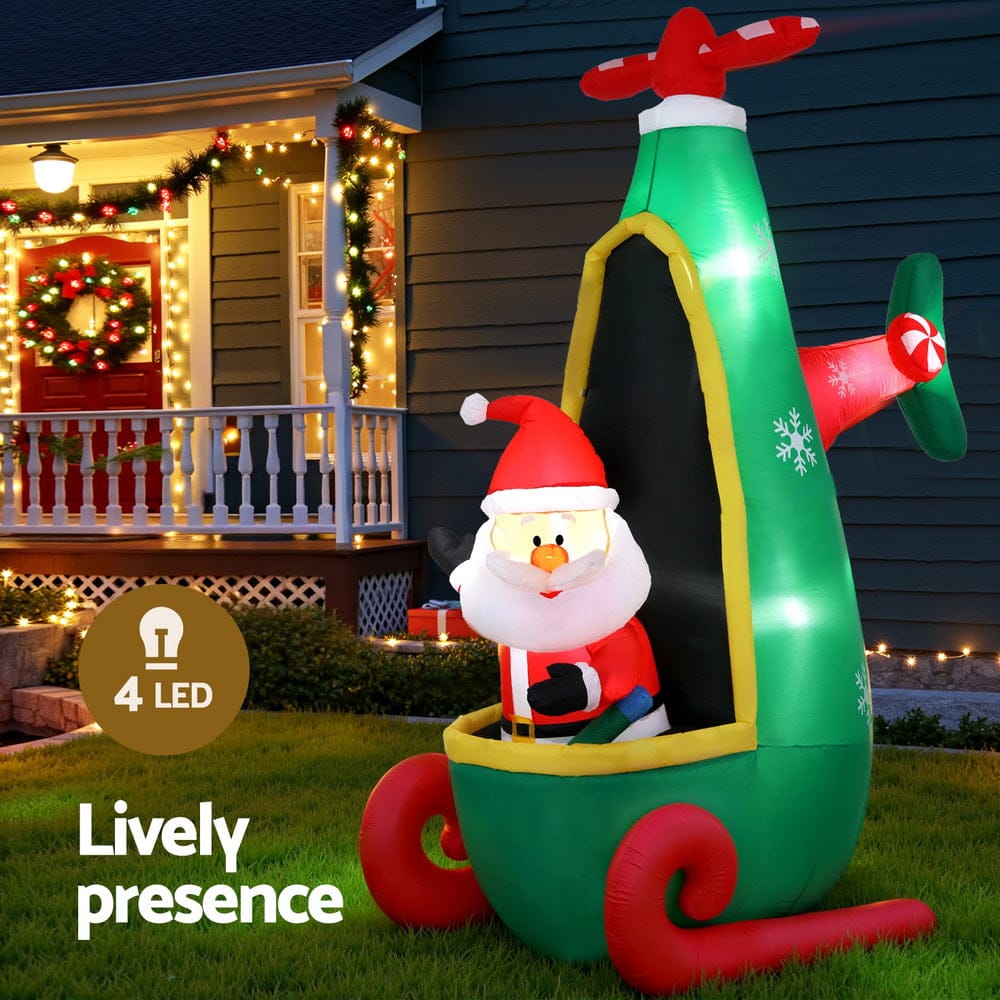 Jingle Jollys Christmas Inflatable Santa in Helicopter 2.55M Height LED Illuminated Decorations - SportZone.co.nz
