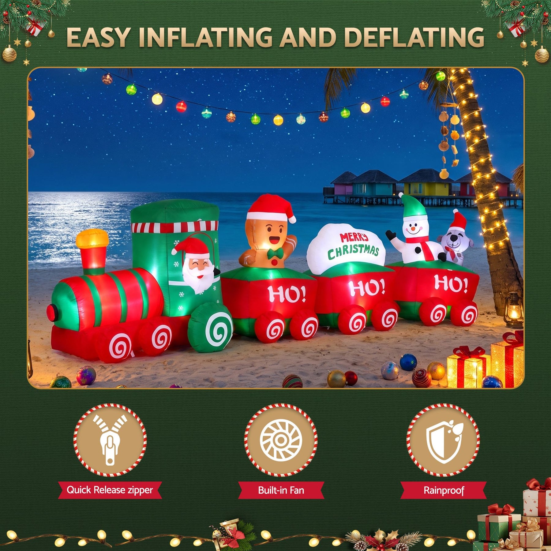 Jingle Jollys Christmas Inflatable Santa Train 3.6M Length LED Decorations Illuminated - SportZone.co.nz