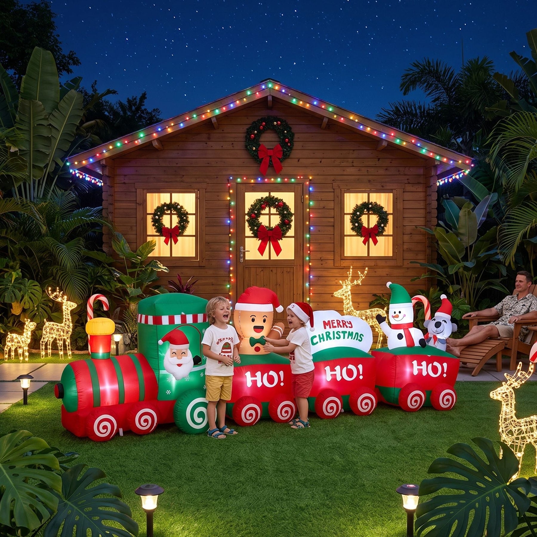Jingle Jollys Christmas Inflatable Santa Train 3.6M Length LED Decorations Illuminated - SportZone.co.nz