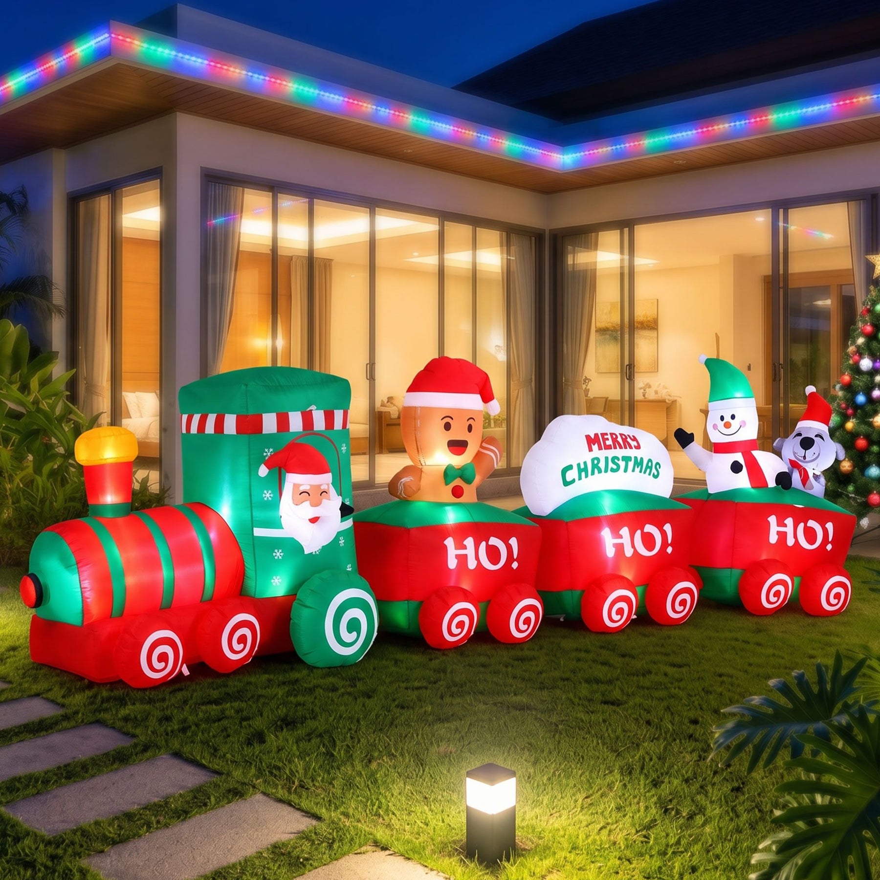 Jingle Jollys Christmas Inflatable Santa Train 3.6M Length LED Decorations Illuminated - SportZone.co.nz