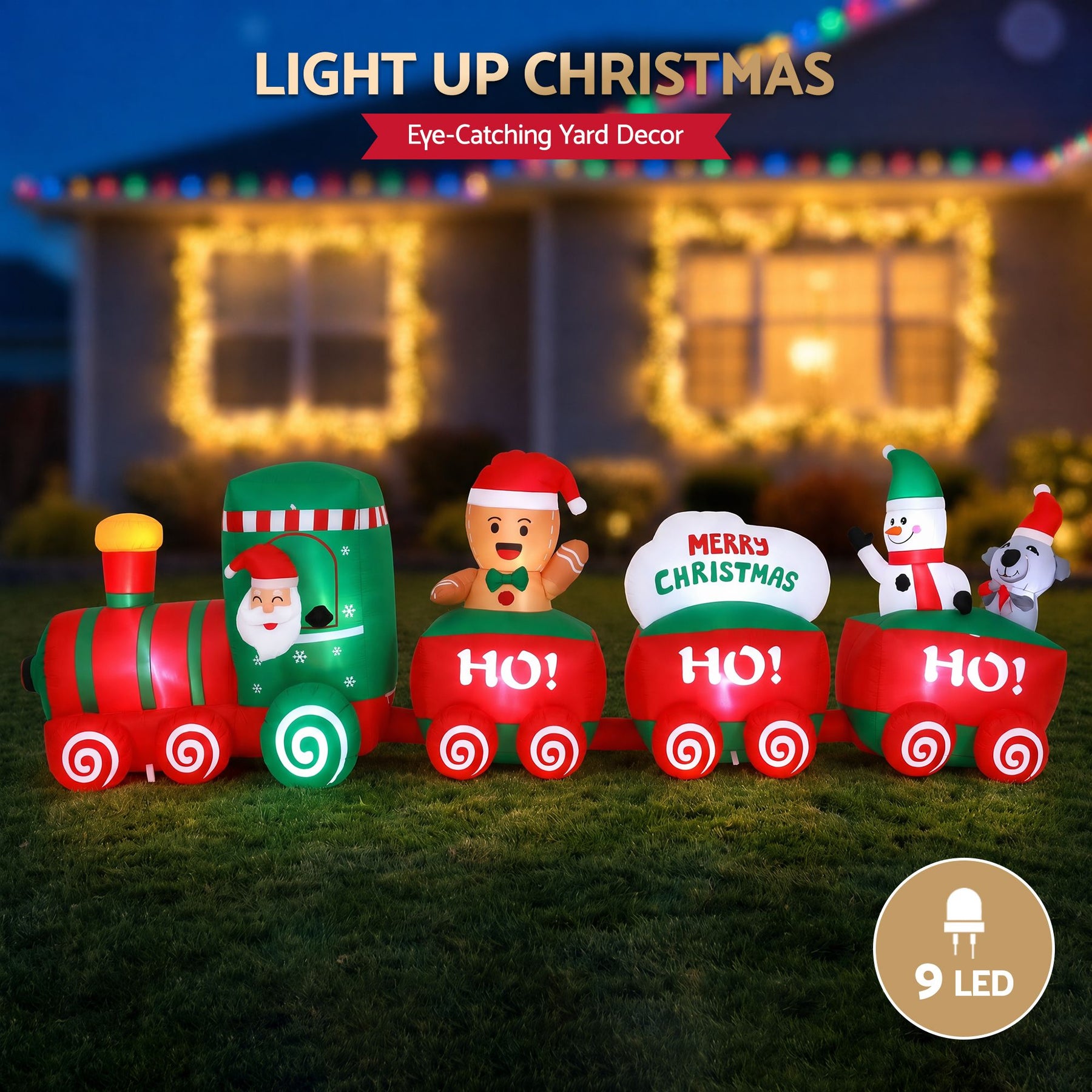 Jingle Jollys Christmas Inflatable Santa Train 3.6M Length LED Decorations Illuminated - SportZone.co.nz