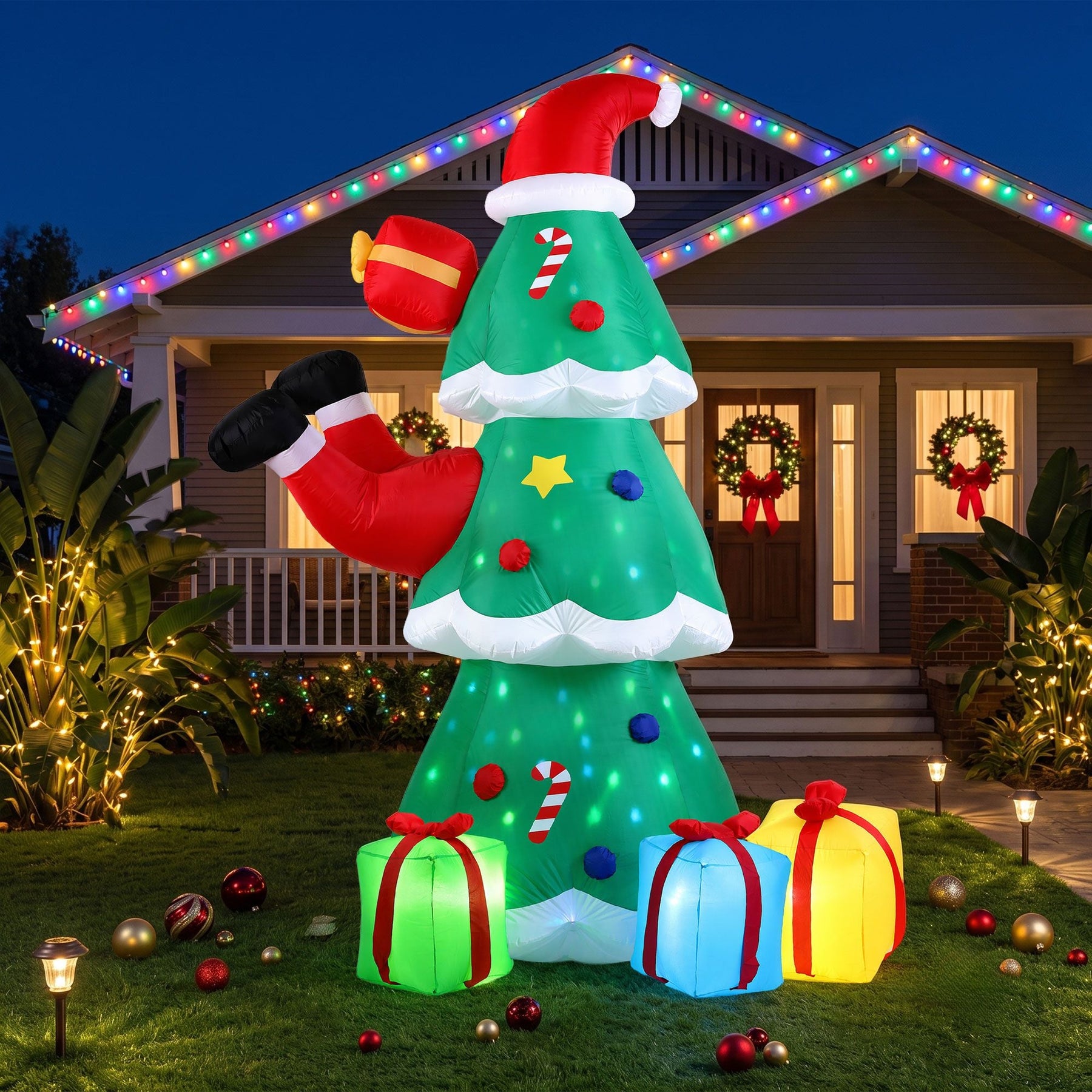 Jingle Jollys Christmas Inflatable Santa Tree 2.5M Height Flashing Light Decorations Illuminated - SportZone.co.nz