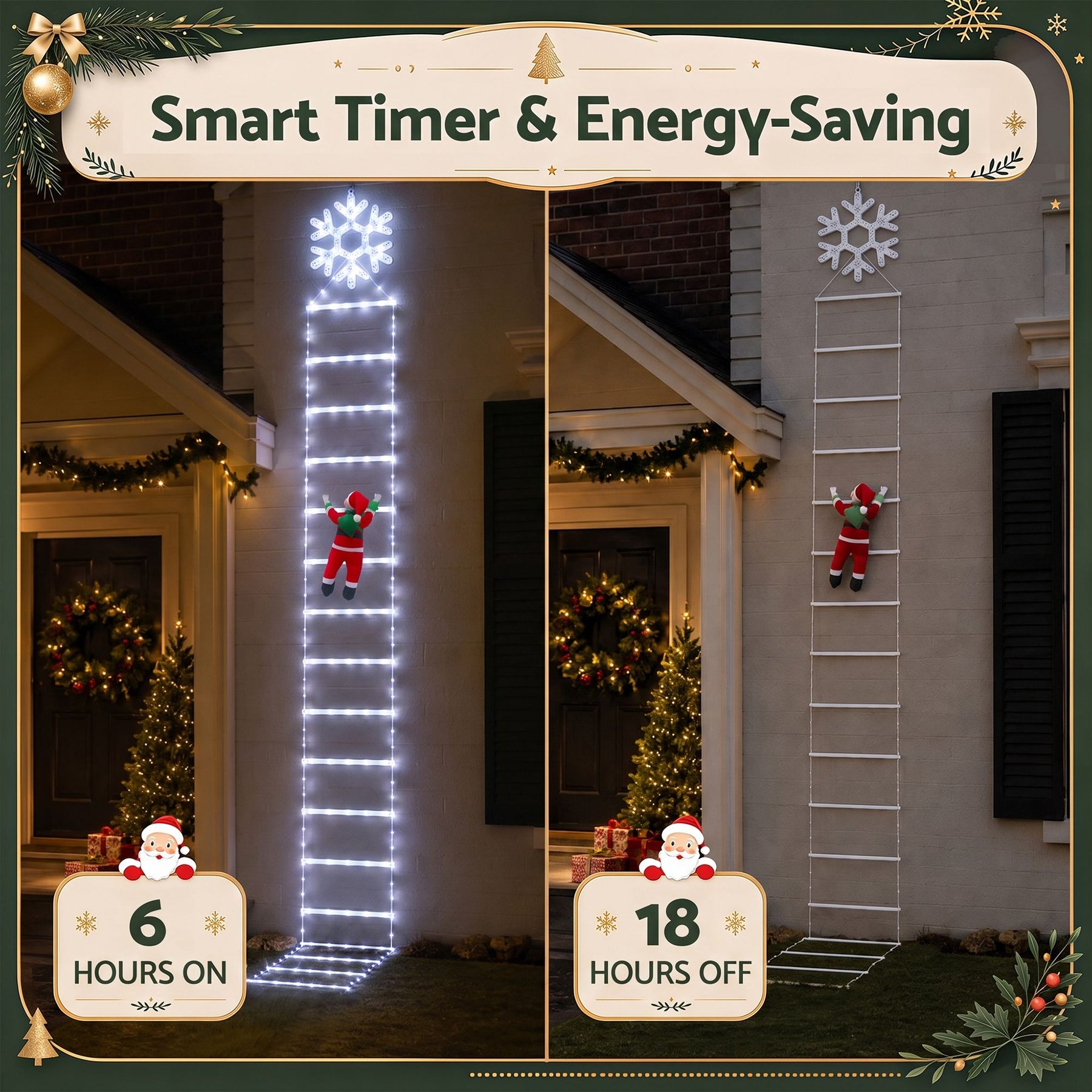 Jingle Jollys Christmas Ladder Lights Santa 3.4m 328LED Hanging Decor Cool White - SportZone.co.nz
