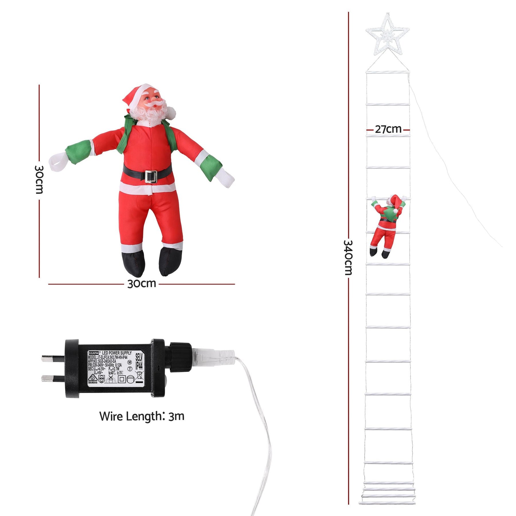 Jingle Jollys Christmas Ladder Lights Santa 3.4m 328LED Hanging Decor Warm White - SportZone.co.nz