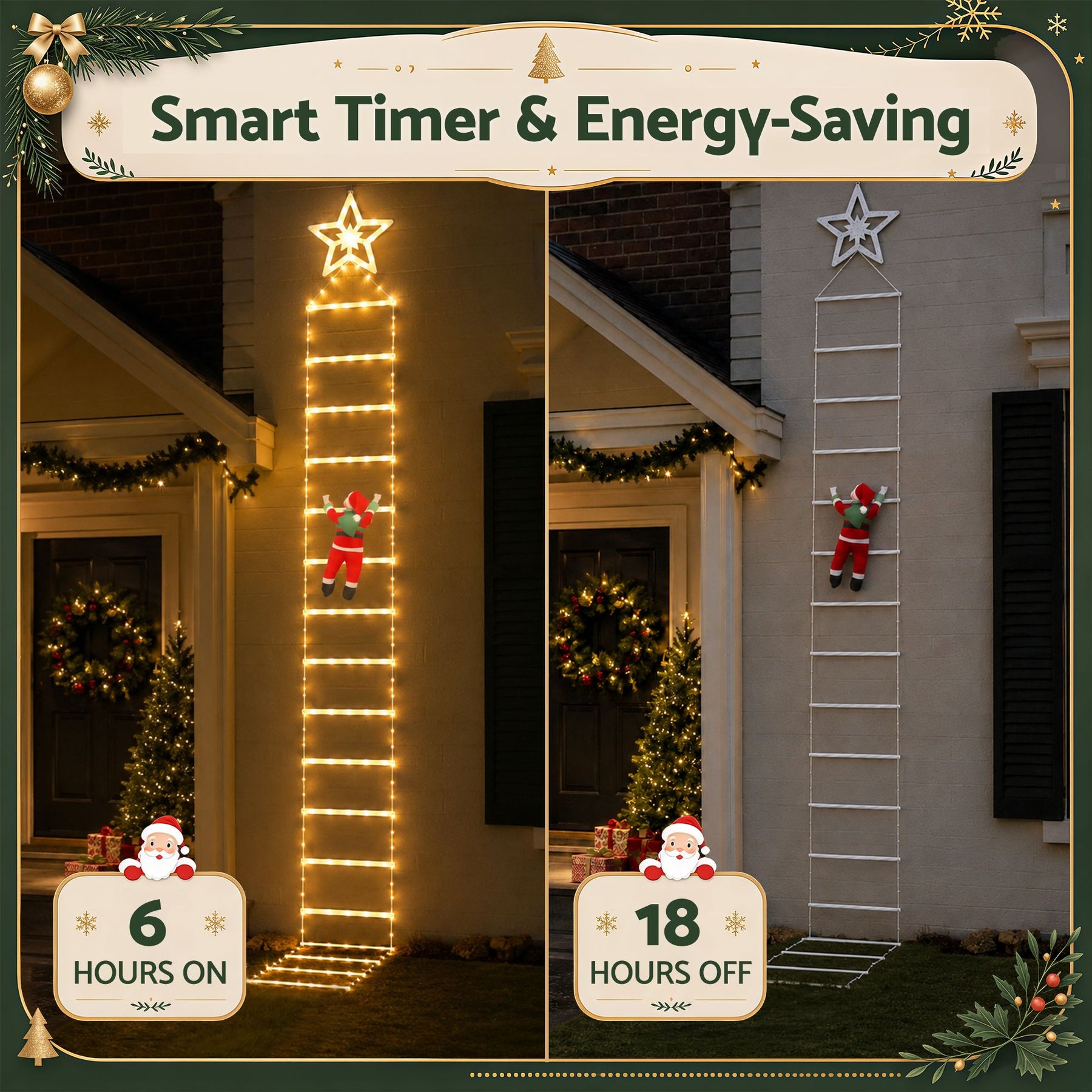 Jingle Jollys Christmas Ladder Lights Santa 3.4m 328LED Hanging Decor Warm White - SportZone.co.nz
