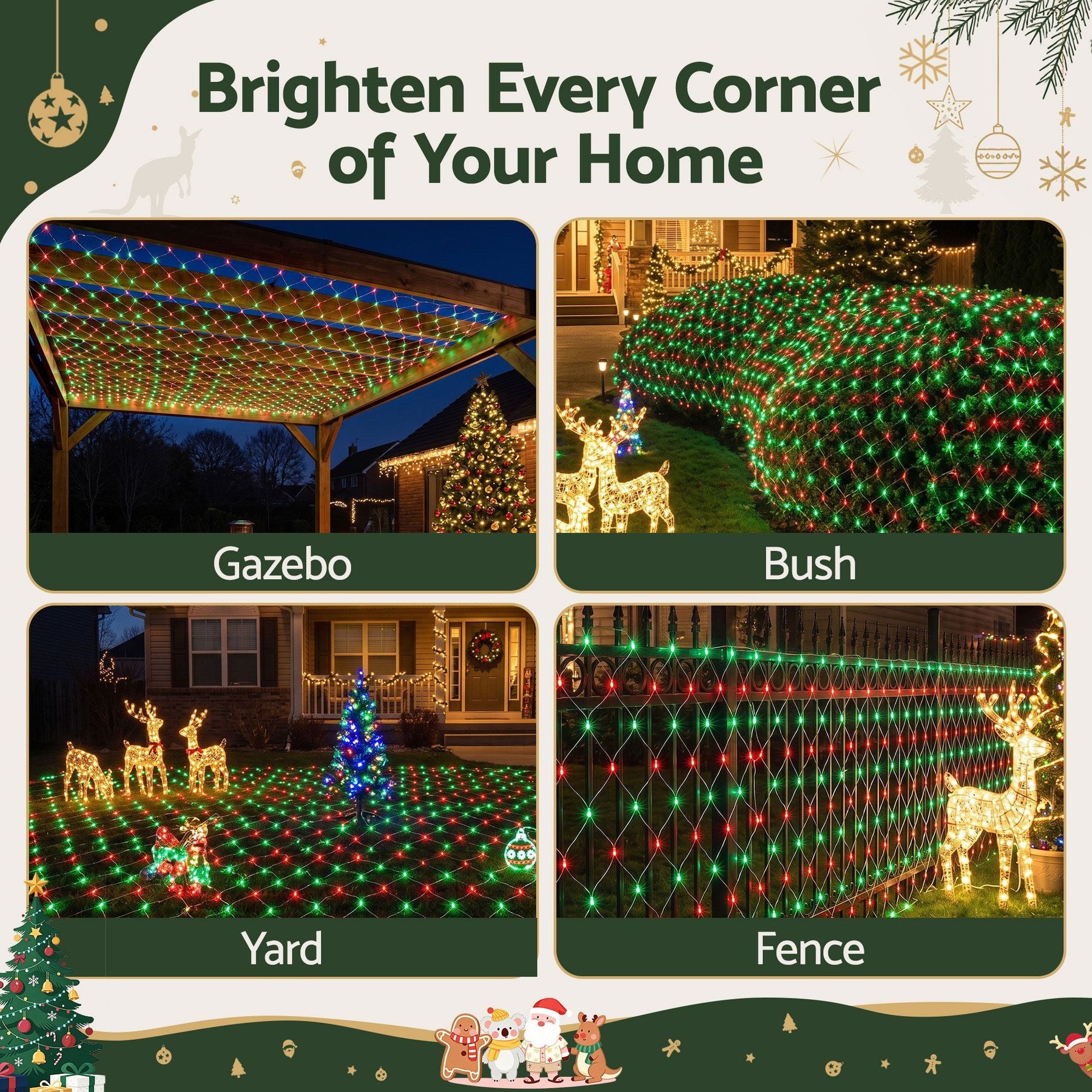 Jingle Jollys Christmas Lights 6x4m Christmas Net Lights 1000LED Red Green Festive Lighting - SportZone.co.nz
