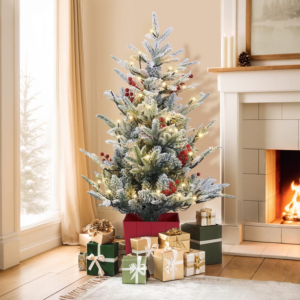 Jingle Jollys Christmas Tree 1M LED Potted Xmas Party Decor Red Barries Flocked - SportZone.co.nz