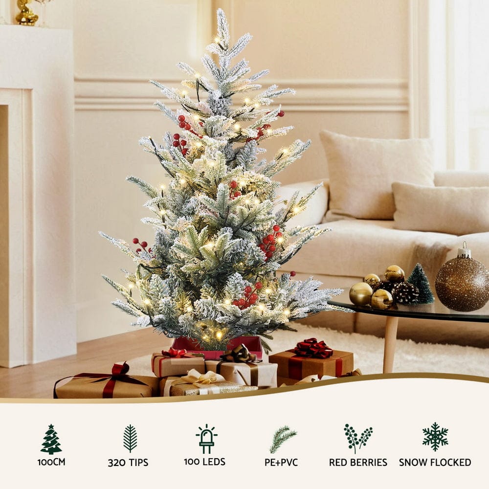 Jingle Jollys Christmas Tree 1M LED Potted Xmas Party Decor Red Barries Flocked - SportZone.co.nz