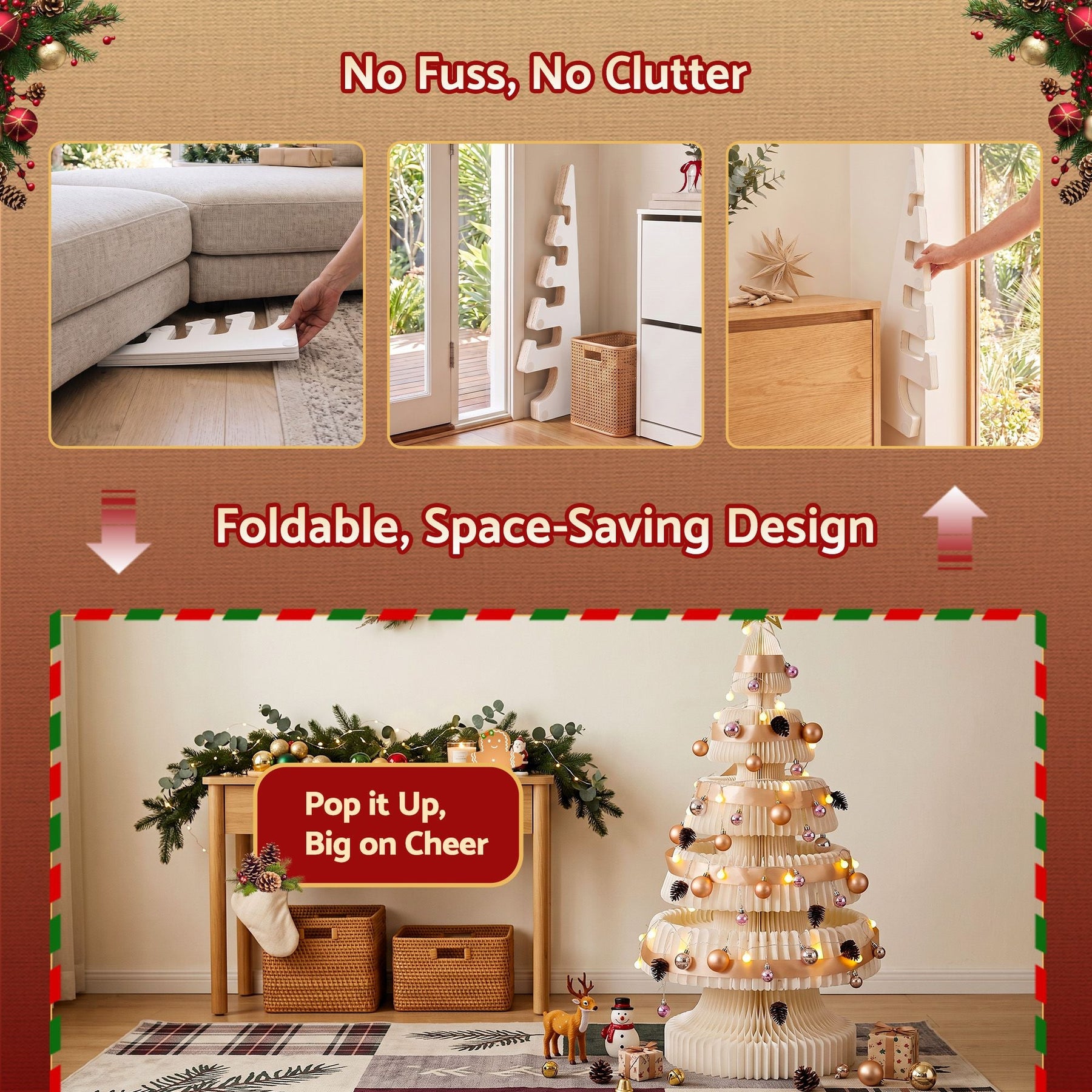 Jingle Jollys Paper Christmas Tree 114CM w/ Star Topper LEDs Xmas Decorations Kit Home Office White - SportZone.co.nz