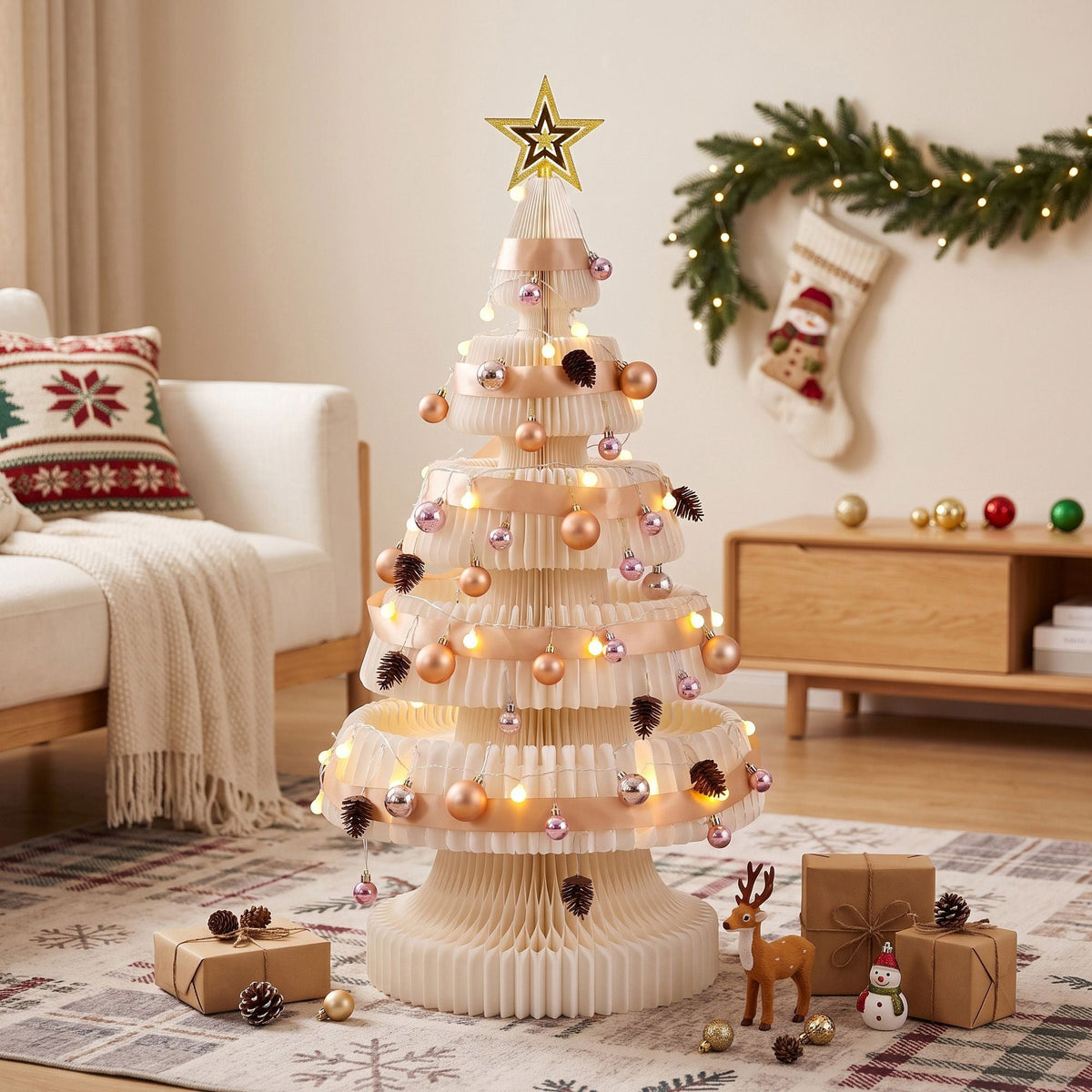Jingle Jollys Paper Christmas Tree 114CM w/ Star Topper LEDs Xmas Decorations Kit Home Office White - SportZone.co.nz