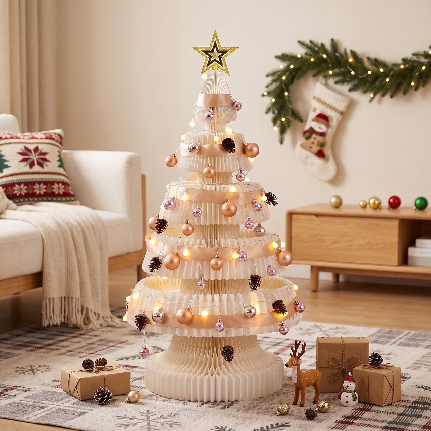 Jingle Jollys Paper Christmas Tree 114CM w/ Star Topper LEDs Xmas Decorations Kit Home Office White - SportZone.co.nz