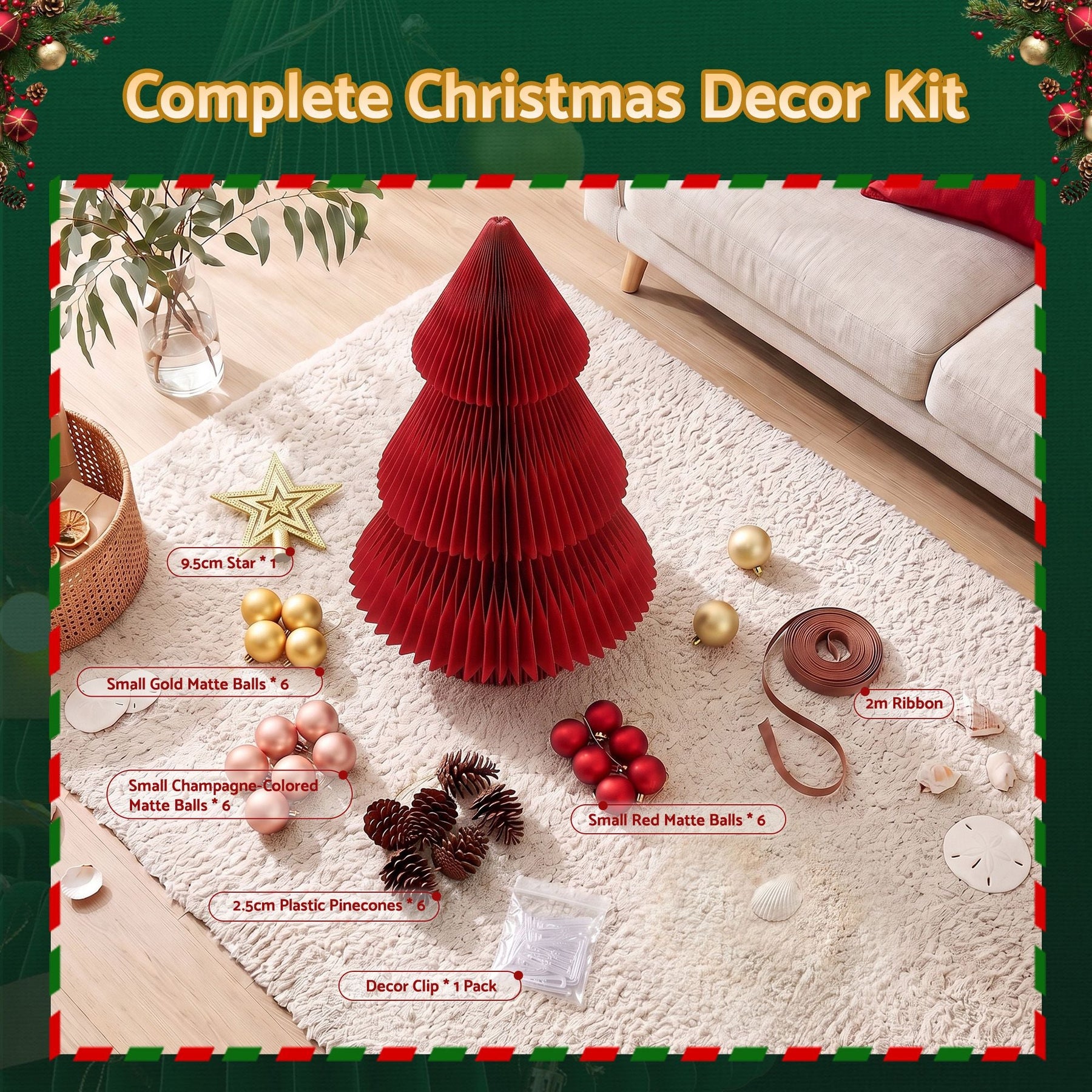 Jingle Jollys Paper Christmas Tree 47CM w/ Star Topper Xmas Decoration Tabletop Red DIY Ornament Set - SportZone.co.nz