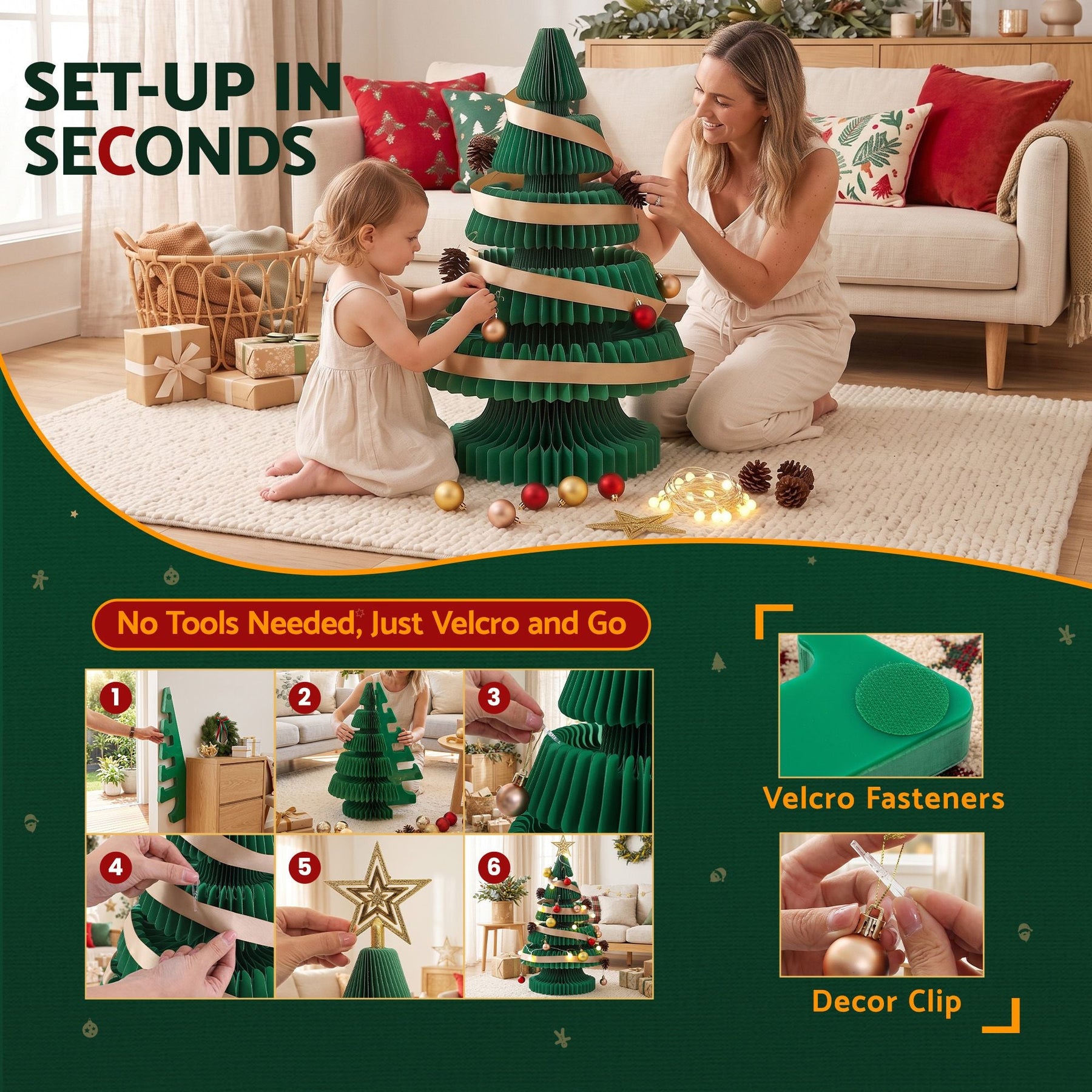Jingle Jollys Paper Christmas Tree 62CM w/ Star Topper LEDs Xmas Decorations Kit Home Office Green - SportZone.co.nz