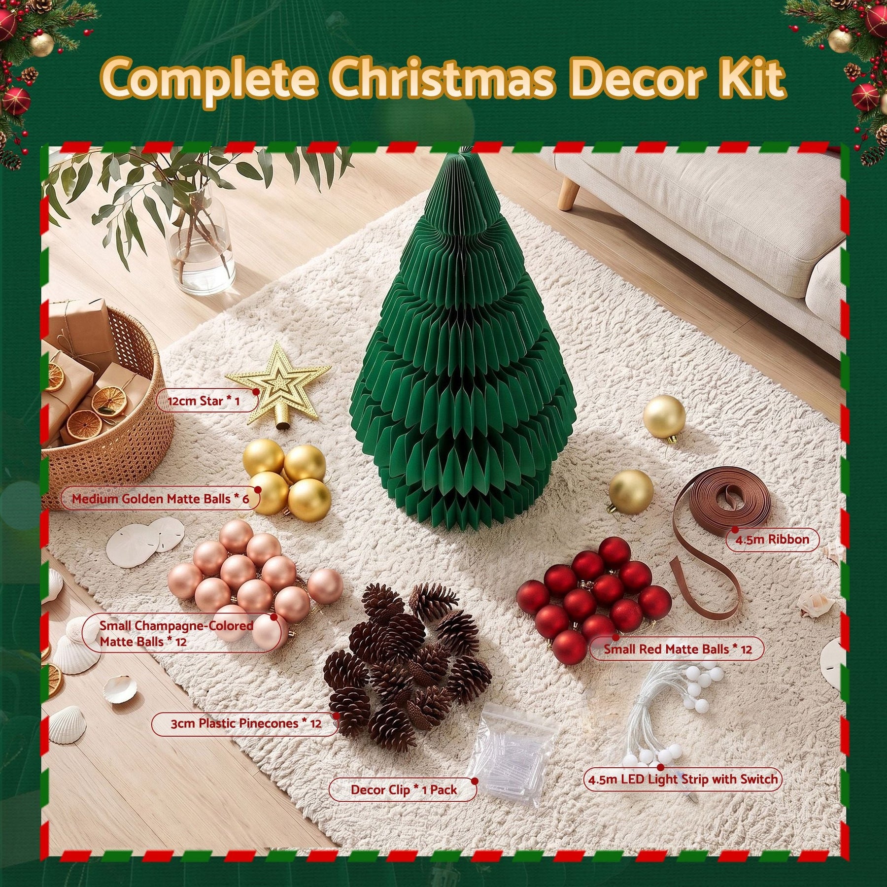 Jingle Jollys Paper Christmas Tree 87CM w/ Star Topper LEDs Xmas Decorations Kit Home Office Green - SportZone.co.nz