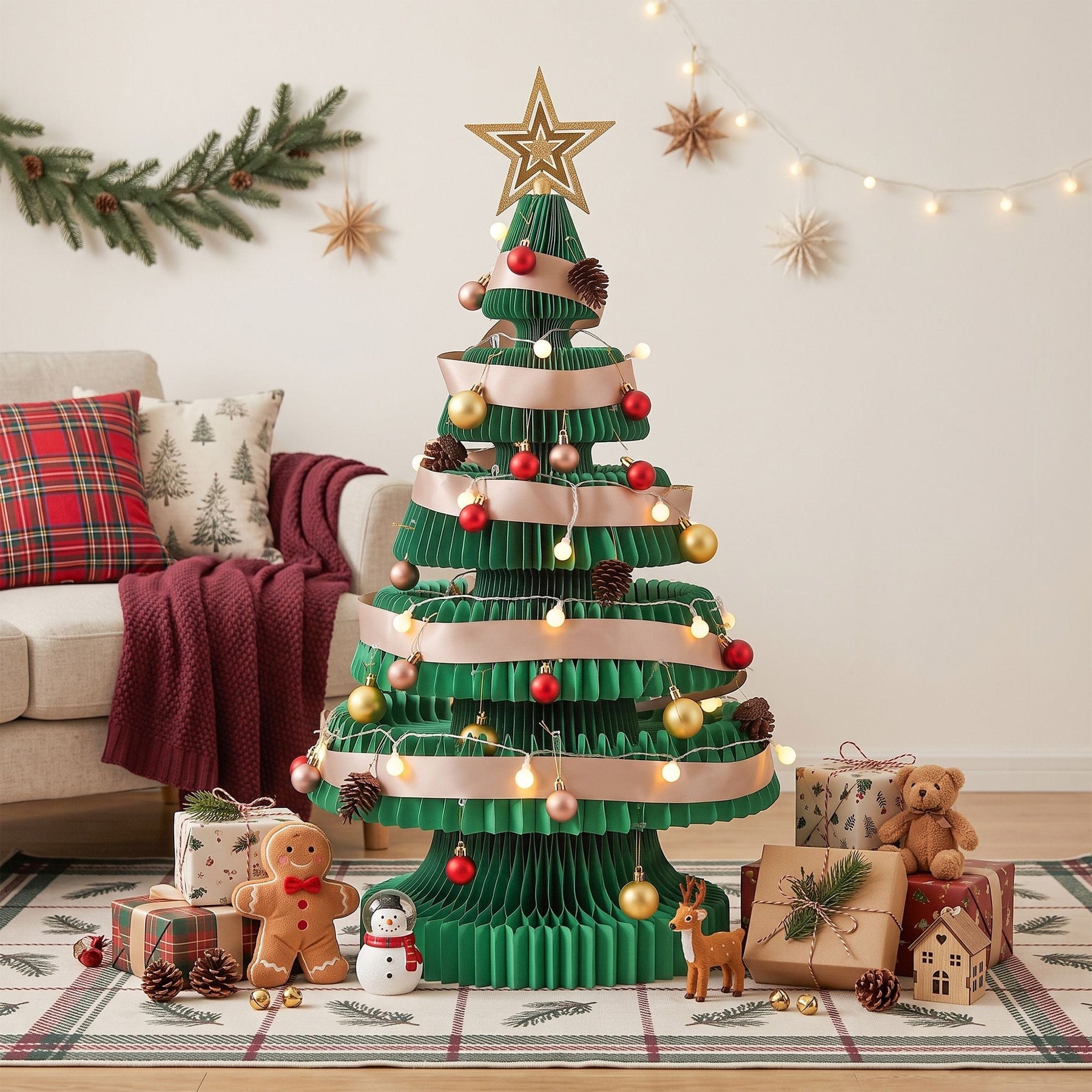 Jingle Jollys Paper Christmas Tree 87CM w/ Star Topper LEDs Xmas Decorations Kit Home Office Green - SportZone.co.nz